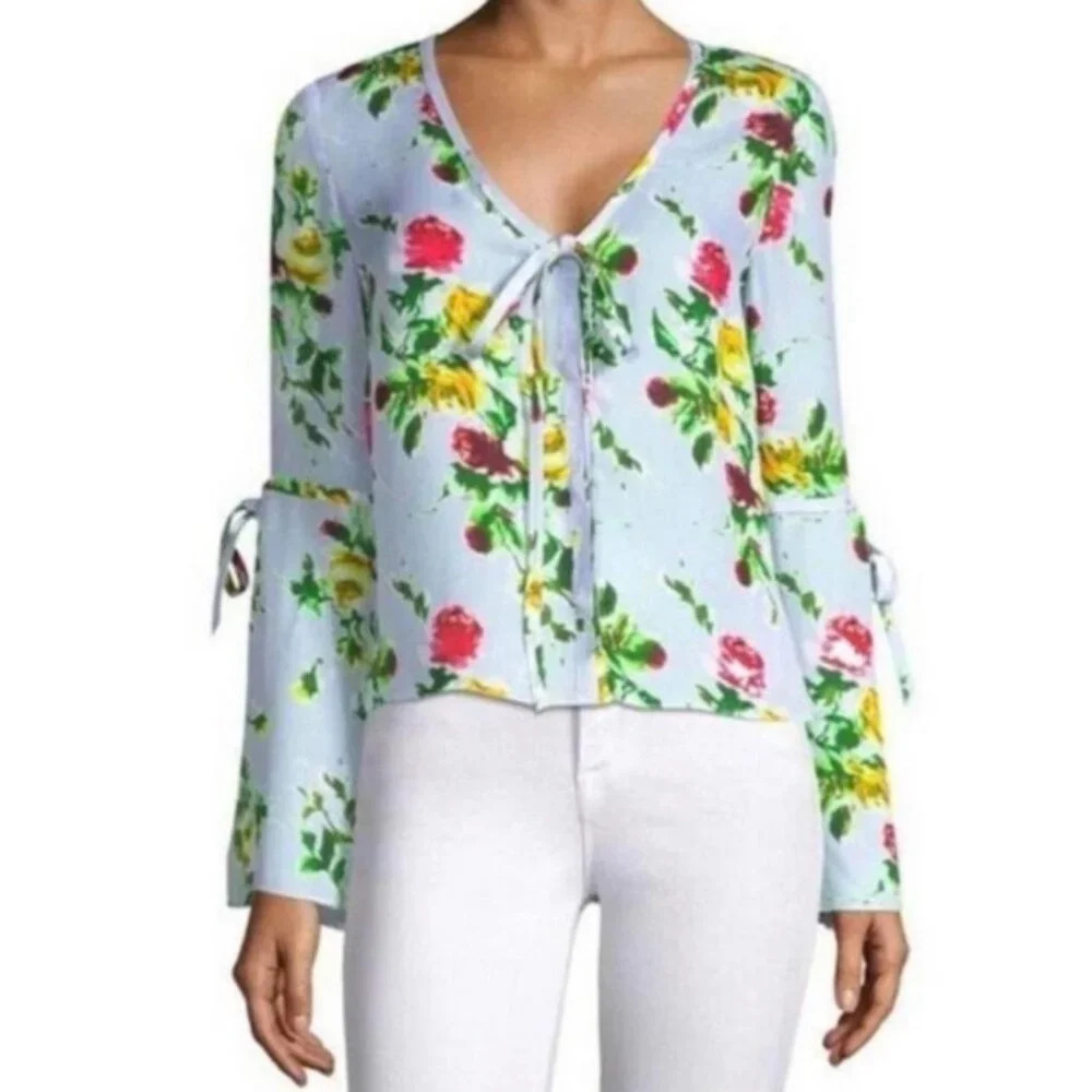 Milly Silk Maggie Rose Print Bell Sleeve Blouse Top/Blue Multicolor 26196